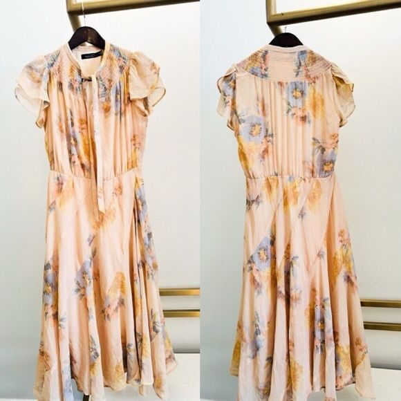 Lauren Ralph Lauren Sz 2 Floral Tie Neck Crinkled Georgette A-Line Midi Dress - Picture 1 of 7